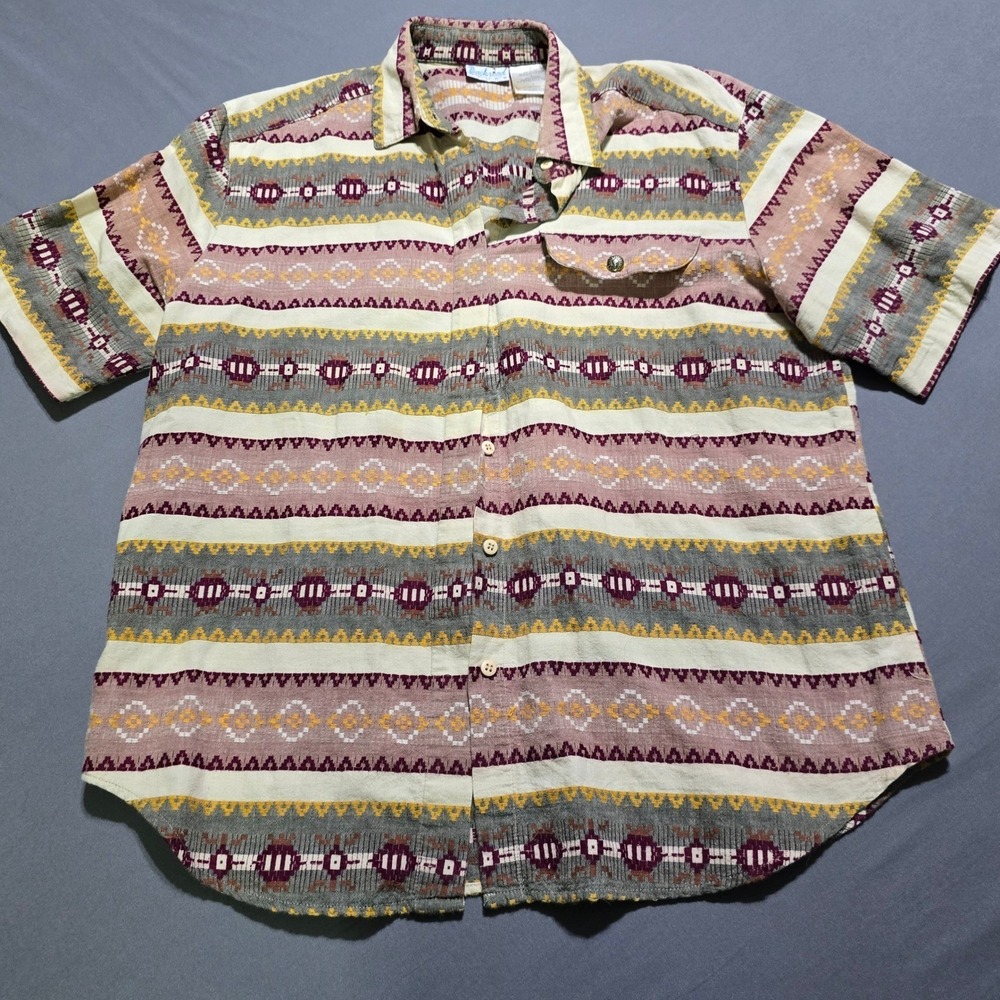 VTG Backroad Blues womens Aztec Short Sleeve Button Shirt large Southwest Boho
